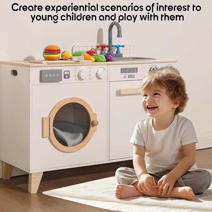 Kids Play Kitchen - Wooden Multi-Function Washing Machine for Kids Kitchen Playset - Pretend Toddlers' Kitchen Toy Washer with Accessories - Perfect Baby Gift for Ages 3-8