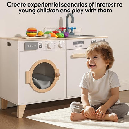 Kids Play Kitchen - Wooden Multi-Function Washing Machine for Kids Kitchen Playset - Pretend Toddlers' Kitchen Toy Washer with Accessories - Perfect Baby Gift for Ages 3-8
