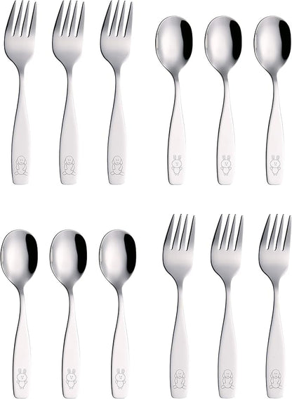 ANNOVA Children's Flatware Set - Stainless Steel Cutlery/Silverware - Safe Kids Toddler Utensils Lunch Box (Engraved Dog Cat Bunny) (Stainless Steel, 12 Forks & Spoon)