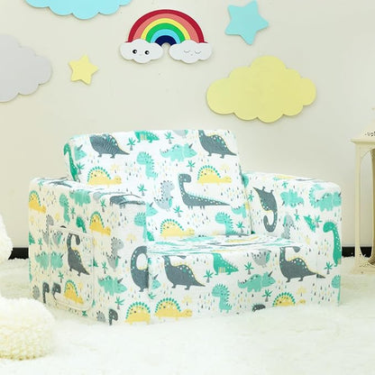 ALIMORDEN 2-in-1 Flip Out Cuddly Sherpa Toddler Couch, Convertible Sofa to Lounger, Dinosaur
