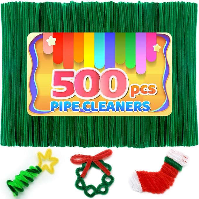 Iooleem 500pcs Christmas Green Pipe Cleaners, Chenille Stems, Pipe Cleaners for Crafts, Pipe Cleaner Crafts, Art and Craft Suppl.