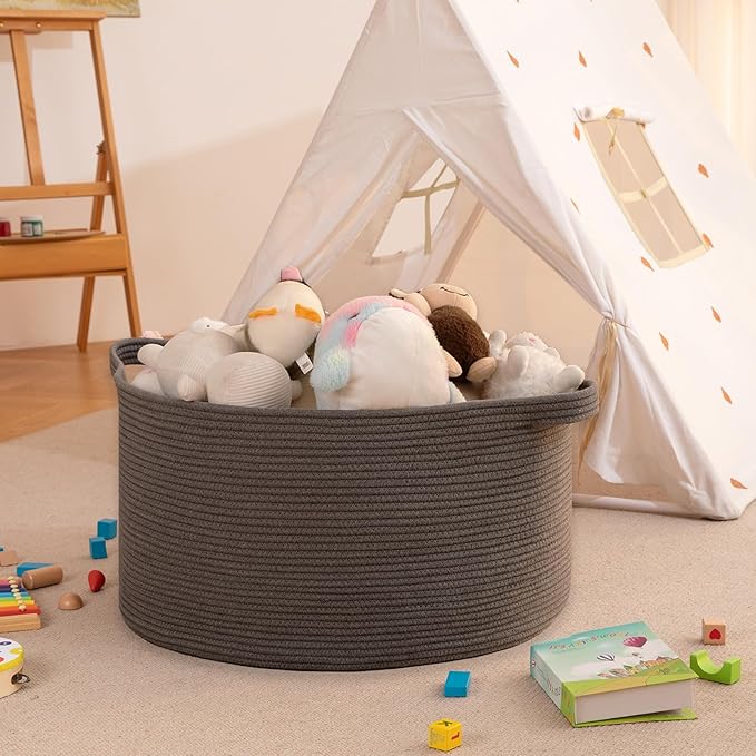 OIAHOMY 105L Blanket Basket for Living Room, Large Basket 23.6" x 23.6" x 14.6" with Handle, Laundry Hamper for Blankets, Pillows, Toy Storage for Kids, Dogs - Grey