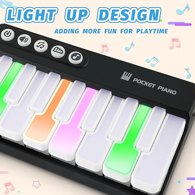 Mini Keyboard Piano Toy, Portable Light Up Pocket Piano for Toddlers Kids (Black)