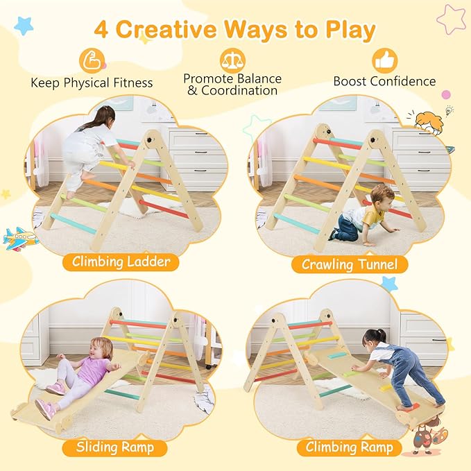 HONEY JOY Climbing Toys for Toddlers, 4 in 1 Foldable Wooden Montessori Kids Triangle Climber, Double Side Ramp & Climber, Baby Learning Indoor Climbing Ladder Gym for Boys Girls (Colorful)