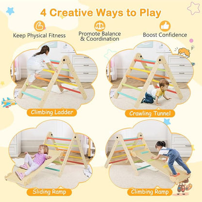 HONEY JOY Climbing Toys for Toddlers, 4 in 1 Foldable Wooden Montessori Kids Triangle Climber, Double Side Ramp & Climber, Baby Learning Indoor Climbing Ladder Gym for Boys Girls (Colorful)
