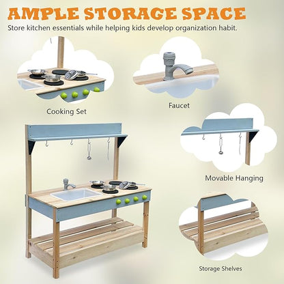 Mud Kitchen Playset for, Outdoor Wooden Toy Play Kitchen Set for Boys and Girls, Kitchen Accessories and Garden Sink with Faucet, Blackboard, Cookware Pot (Blue1)
