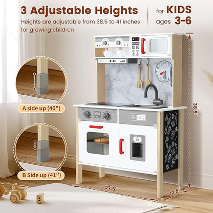 Play Kitchen Wooden Kids Kitchen Playset Pretending Toys for Toddlers with Real Lights & Sounds, 3 Heights Adjustable, Chalkboard, 35Pcs Toy Food & Cookware Accessories-Gray