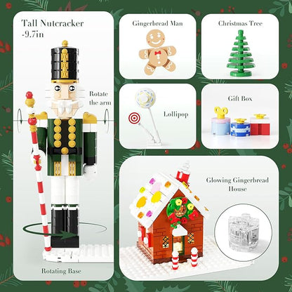 Nutcracker Christmas Decor Building Toys, Gingerbread House with Light, 2025 Xmas Gifts Ideas for Adults, Kids Girls Boys Ages 8-12, Compatible for Lego Christmas Village Decorations for Home