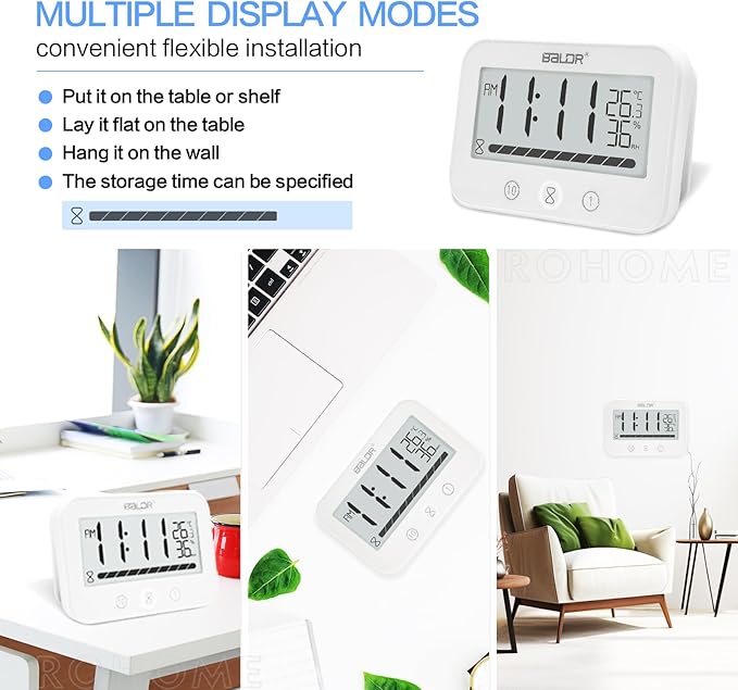 Waterproof Hanging Timer for Bathroom, Digital Kids Shower Clock with Temperature & Humidity, 99 Minutes Countdown Timer with Alarm, Water Resistant Large LCD Visual Timer, 2 Hooks Included (White)