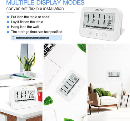 Waterproof Hanging Timer for Bathroom, Digital Kids Shower Clock with Temperature & Humidity, 99 Minutes Countdown Timer with Alarm, Water Resistant Large LCD Visual Timer, 2 Hooks Included (White)