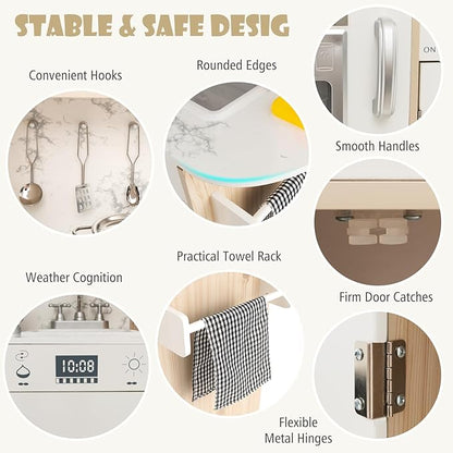 KOTEK Play Kitchen with Lights and Sounds, Wooden Toddler Kitchen Playset w/Ice Maker, Coffee Maker, 19 Accessories & Microwave, Chef Pretend Play Toy Kitchen Set for Kids Girls & Boys Ages 3+(White)