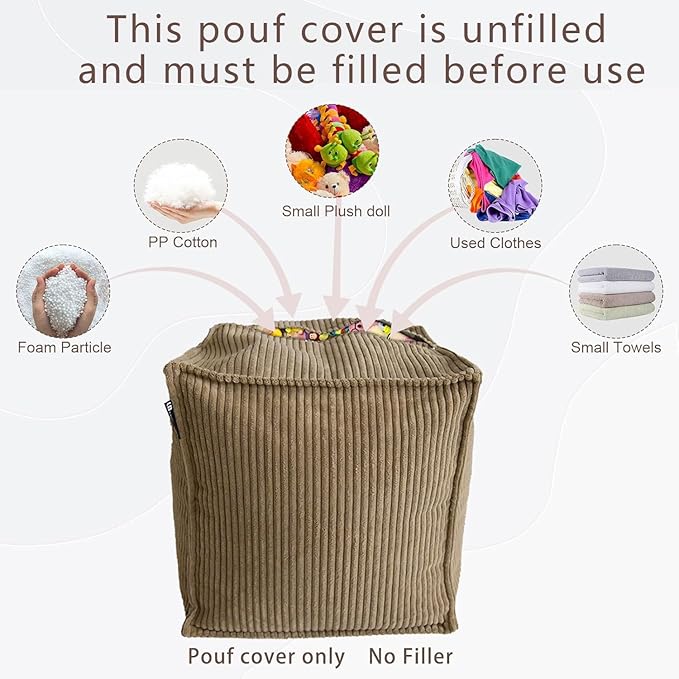 Louis Donné 17 Strip Unstuffed Pouf Ottoman Cover Square Space-Saving Organizer Footrest Cover Indoor & Outdoor Reading Room Kid Pets Girls Super Soft Cotton Fabric Yellow (Only Cover)