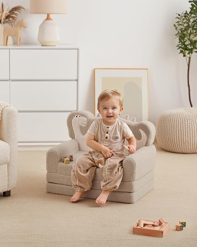 Blissful Diary Kids Couch, 2-in-1 Soft Toddler Couch Fold Out, Toddler Chair Comfy, Convertible Sofa to Lounger with Cute Dinosaur Designs, Pale Khaki