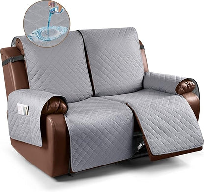 KinCam Loveseat Recliner Covers for 2 Seat, 100% Waterproof Reclining Loveseat Covers, Non-Slip Recliner Cover Furniture Protector with Elastic Straps for Pets, Kids, Light Gray