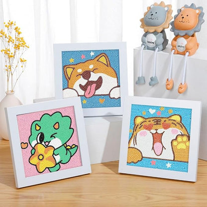 4 Pack 5D Cartoon Animals Diamond Art Kits for Kids, Cute Tiger DIY Diamond Painting Kit for Kids Beginners,Full Round Drill Big Gem Art for Kids Age 6-12(6X6 inch)