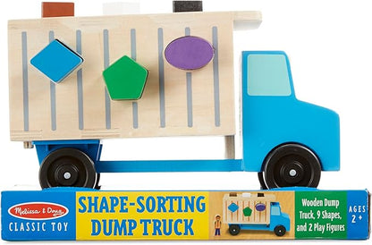 Melissa & Doug Shape-Sorting Wooden Dump Truck Toy, Quality Craftsmanship, 9 Colorful Shapes and 2 Play Figures, 7.5' H X 10.75' W X 4.75' L