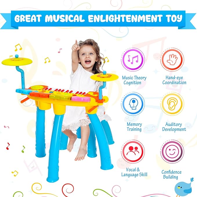 Costzon 24-Key Kids Piano Keyboard Toy, Toddler Electronic Musical Instrument Educational Toy w/Microphone, Multiple Sounds, Record Playback, Lights & Stool, Birthday Gift for Girls Boys Age 3+, Blue