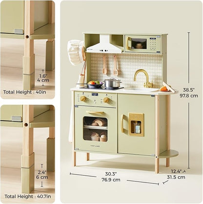 Tiny Land Play Kitchen for Kids, Wooden Farmhouse Kitchen Playset Chef Pretend Play Set for Toddlers w/Real Lights & Sounds, Toys Kitchen with 18 Pcs Toy Food & Cookware Accessories, Sage Green