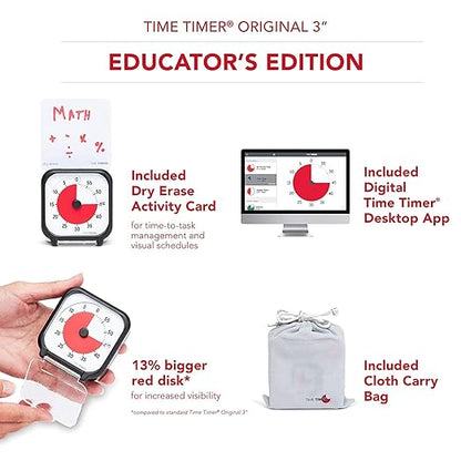 Time Timer 3 inch Visual Timer — 60 Minute Kids Desk Countdown Clock with Dry Erase Activity Card and Desktop App Access — for Kids Classroom, Homeschool Study Tool, Task Reminder, Home and Kitchen