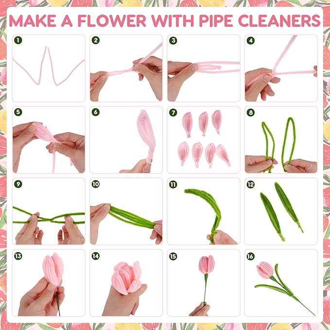 1800PCS Pipe Cleaners Craft, Pipe Cleaner Bulk Flower Kit, 6 Colors Chenille Stems Flower Making Kit with Floral Wrapping Paper and Ribbon, Gardening Tape, Stamen for Art and Craft Supplies