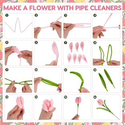 1800PCS Pipe Cleaners Craft, Pipe Cleaner Bulk Flower Kit, 6 Colors Chenille Stems Flower Making Kit with Floral Wrapping Paper and Ribbon, Gardening Tape, Stamen for Art and Craft Supplies