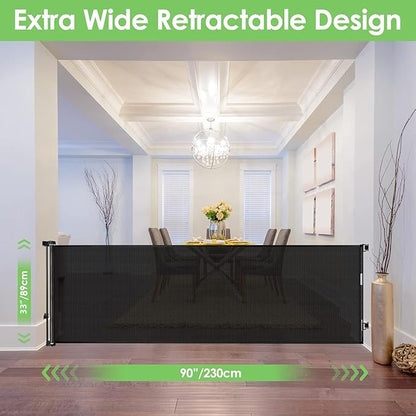 90 Inch Retractable Baby Gates Extra Wide Dog Gates for The House Extra Long Baby Gate for Stairs Child Gates for Wide Openings Large Dog Gate Indoor Outdoor Pet Gates for Dogs, Black
