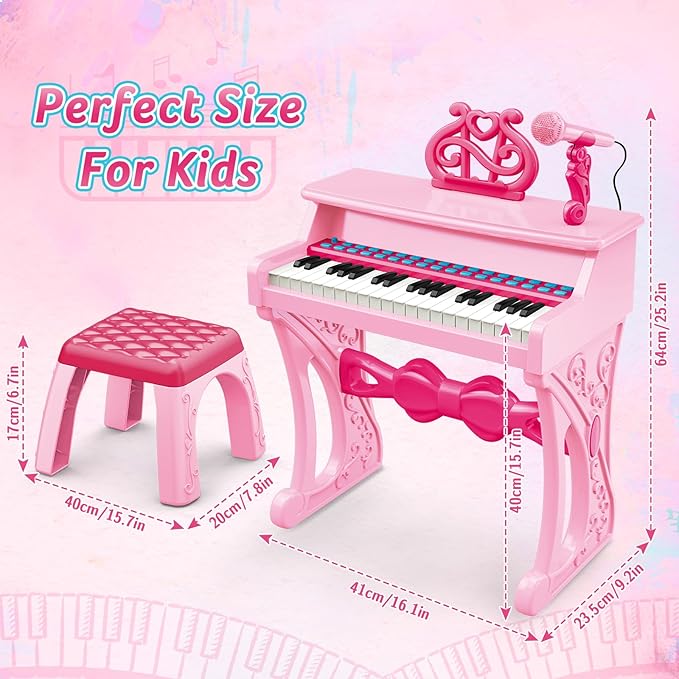 deAO Kids Piano Keyboard Toys for Girls, 37 Keys Toddler Pianos Toy with Stool and Microphone, Christmas Birthday Gift for Kids 3+ Years Old