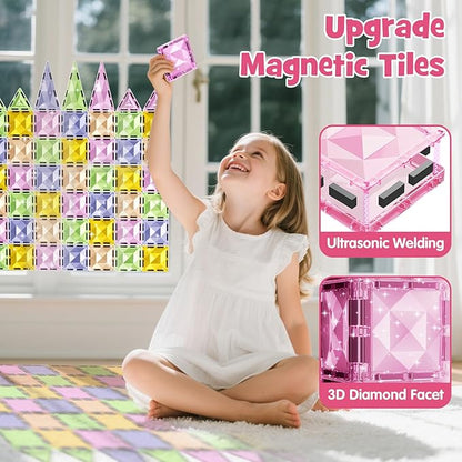 Magnetic Tiles for Kids Ages 4-8, Magnetic Blocks Travel Set with Diamond Surface & Metal Storage Box, 60PCS STEM Learning Toys, Educational Building Gifts for 3-8 Year Olds