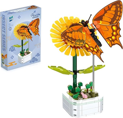 Flower Bouquet Building Set with Base, Flower Building Set Artificial Plant Flowers Building Blocks for Home Office Decor, Birthday Gifts, Desktop Trinkets Age 6+