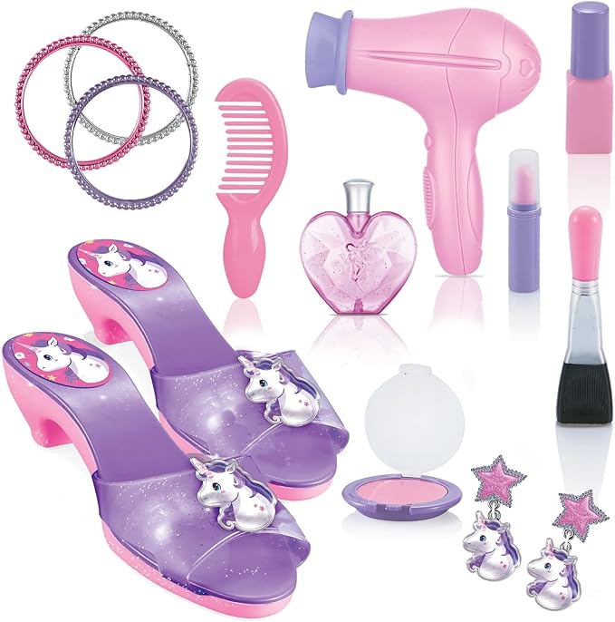 Pretend Play Makeup Kit Fake Make Up Set For Little Girls And Shoes - Toddler Little Girls Role Play with Earrings, Bracelets, Perfume, Hair Blower, Mascara, Blush, Comb, Lipstick, Brush -Age 3+