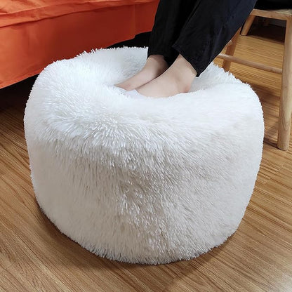 Round Pouf Ottoman Stuffed Pouf Ottoman Foot Rest Floor Foot Stool Floor Pouf for Living Room Bedroom Foot Rest for Couch 20 Inx12 Inch One Piece High Resiliency Foam Ottoman White Pouf with Filler