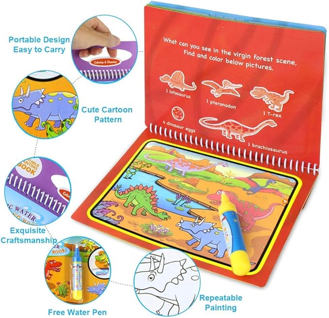 Jenilily Water Coloring Books with Pen Painting Board for Children Drawing Color Toys (Dinosaur & Cartoon Animal & Vehicle)