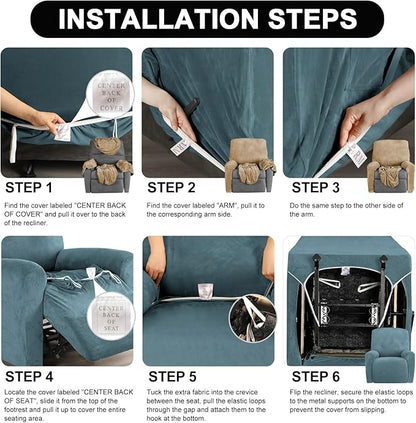 FestiCorp Recliner Chair Covers Real Velvet 4-Pieces Recliner Covers for Small Lazy Boy Recliner Chair Stretch Recliner Sofa Slipcovers Furniture Protector with Side Pocket&Elastic Bottom, Stone Blue