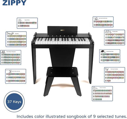 ZIPPY Kids Piano Keyboard, 37 Keys Digital Piano for Kids, Touch Sensitive Control Panel, Built-in Songs, Volume Adjustable, Music Educational Instrument, Wood Piano for 3+ Girls and Boys, Black Plus