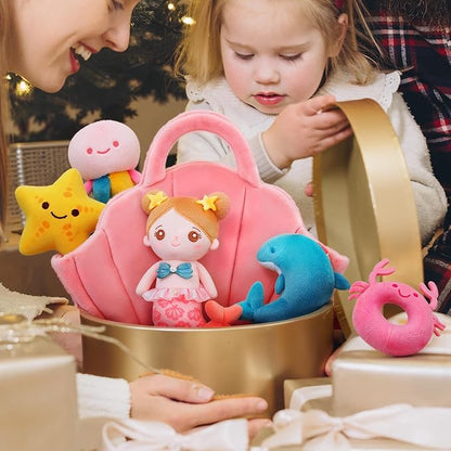 OUOZZZ Soft Baby Doll for Girls Mermaid Toys - 2 Years Old Sensory Toy - Little Dolls Birthday Gifts Age 1-3 Toddler Plush Stuffed Animal with Squeaker, Crinkle and Bell Ringing Toy Set