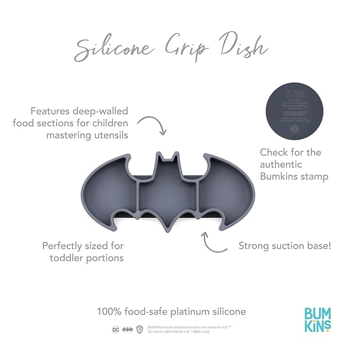Bumkins Toddler and Baby Suction Plate, Silicone Grip Dish, Babies and Kids, Baby Led Weaning, Children Feeding Supplies, Non Skid Sticky Bottom, Platinum Silicone, Ages 6 Months Up, Batman Gray