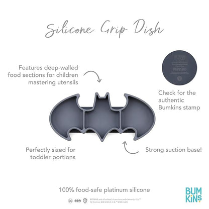 Bumkins Toddler and Baby Suction Plate, Silicone Grip Dish, Babies and Kids, Baby Led Weaning, Children Feeding Supplies, Non Skid Sticky Bottom, Platinum Silicone, Ages 6 Months Up, Batman Gray