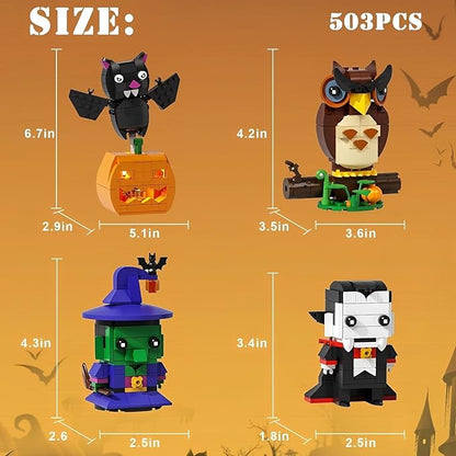 Horror Figure Building Set, 503 Pieces Halloween Model Kit - Archimedes, Wicked Witch, Dracula & Jack-O'-Lantern Bat Toys for Decor Display, Scream Gift for Fans