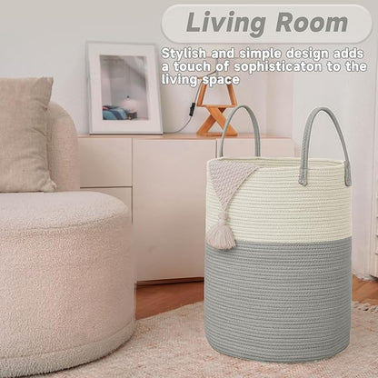 JMvicyroam Large Woven Laundry Basket Hamper,80L Cotton Rope Storage Bin for Blankets,Toys and Clothes,Decorative Tall Nursery Hamper for Living Room,Baby Nursery,Bathroom and Bedroom,White and Grey