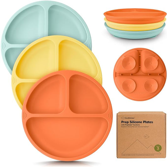 KeaBabies Suction Plates for Baby, Toddler - 3-Pack 100% Silicone Toddler Plates, Divided Baby Plates with Suction, Silicone Plates for Baby, Kids, BPA-Free, Microwave, Dishwasher Safe (Amaze)