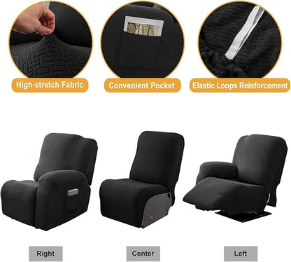 Genina Recliner Cover Stretch Couch Covers, Sofa slipcover for Reclining Couch Thick Jacquard Furniture Protector Washable (Black, 3 Seat)