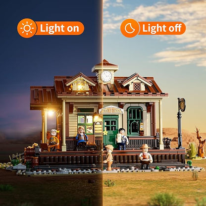 FUNWHOLE Wild West Train Station Lighting Building-Bricks Set - 1975 Pcs Collectible Train Playset for Adults and Teens
