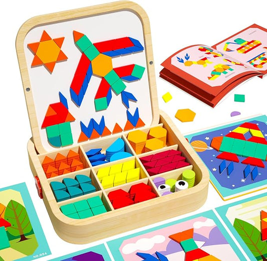 Wooden Magnetic Pattern Blocks with Cards, 288 PCS Montessori Tangram Puzzle Learning Toys for Toddlers 3-5, Educational STEM Gift for Kids Boys Girls 3 4 5 6