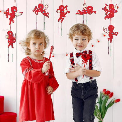 Fennoral 12 Pack Valentine's Day Wind Chime Kit for Kids Make You Own Valentines Day Hanging Wind Chimes DIY Coloring Wooden Ornaments for Kids Art and Craft Valentine's Day Gifts Party Decoration