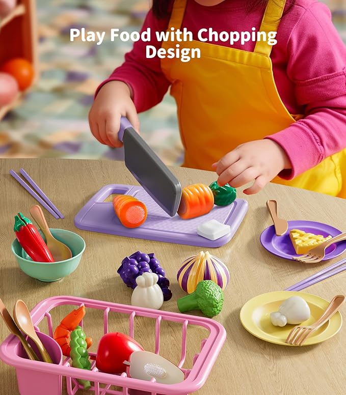 Geyiie Kitchen Sink Toy for Toddlers, Play Sink with Running Water, Upgraded Real Faucet, Dish Rack & Play Cutting Food, Kids Kitchen Sink Toy Gifts for 3 4 5 6 7 Years Old