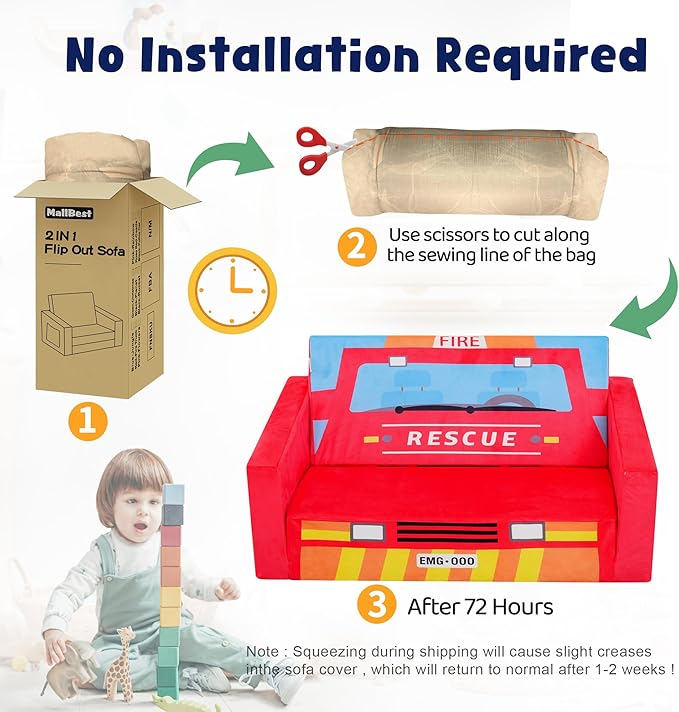 MallBest Kids Sofas, Extra Wide Toddler Couch Bed - 2 in 1 Baby Convertible Foam Chair to Lounger,Toddler Couch for Boys and Girls,Red/Fire Truck