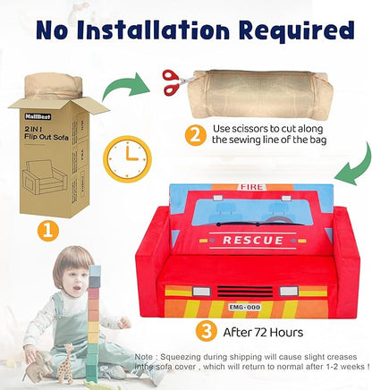 MallBest Kids Sofas, Extra Wide Toddler Couch Bed - 2 in 1 Baby Convertible Foam Chair to Lounger,Toddler Couch for Boys and Girls,Red/Fire Truck