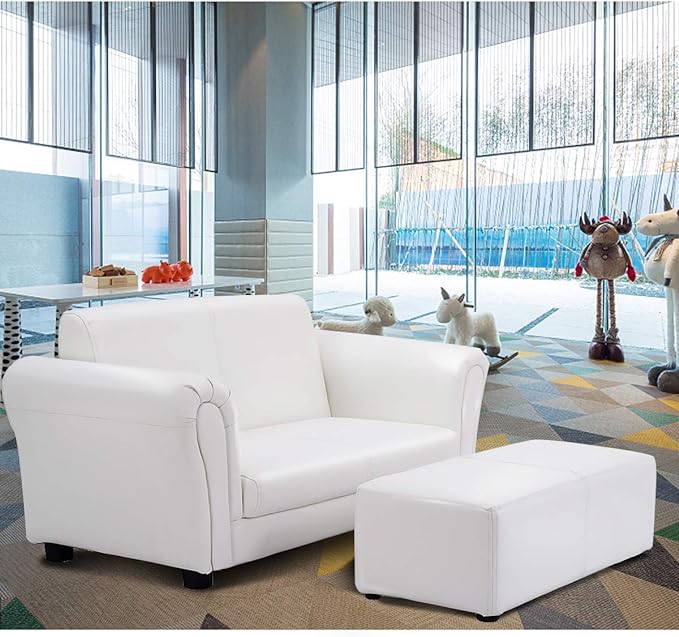 Costzon Kids Couch with Footstool, 2 in 1 Double Seat Children's Sofa w/PU Leather Surface, Armrest Chair Lounge, Soft Kids Sofa for Preschool Bedroom Kids Room Toddlers Boys Girls Birthday (White)