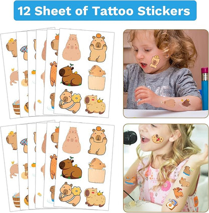 98 PCS Capybara Party Favors, Capybara Temporary Tattoos, Slap Bracelets, Keychains, Stickers, and Badges for Kids Capybara Birthday Party Decorations and Classroom Rewards