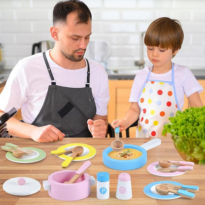 WHOHOLL Wooden Toy Kitchen & Play Dishes Set, Montessori Kitchen Toys for Girls and Boys, Pretend Play Kitchen Accessories Toddler Cooking Toys for Kids Ages 1-5 - Christmas Birthday Gift Sets
